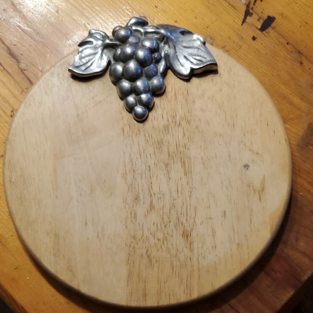 Vintage Round Wooden Cheese Board with Silver Grape Detail